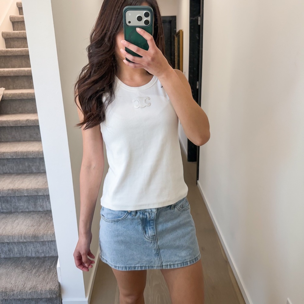 Celine Triomphe 100% Cotton Ribbed Tank Top Designer Boho Minimalist Preppy S